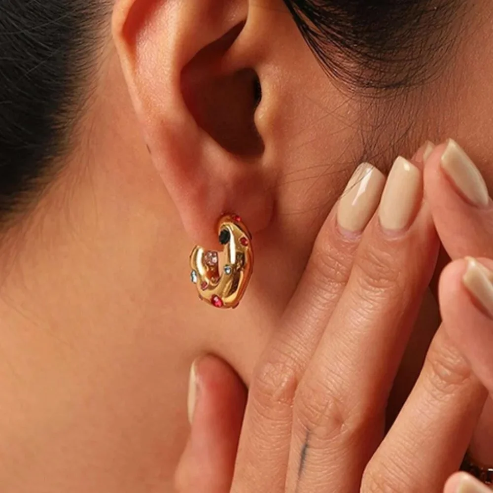 Cubic Zirconia Decor Cuff Hoop Earrings